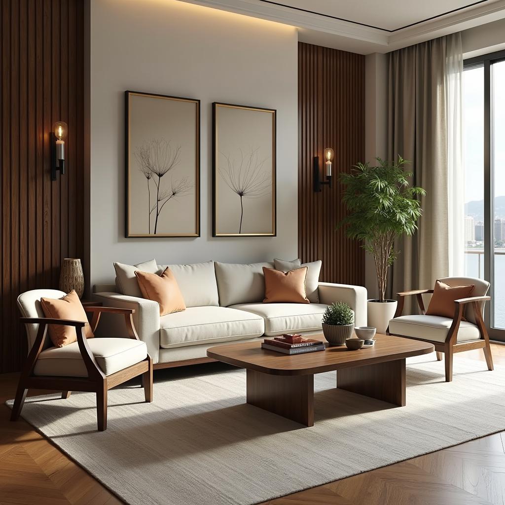 Bộ bàn ghế phòng khách sang trọng làm từ gỗ Vĩnh, thể hiện vân gỗ và màu sắc tự nhiên